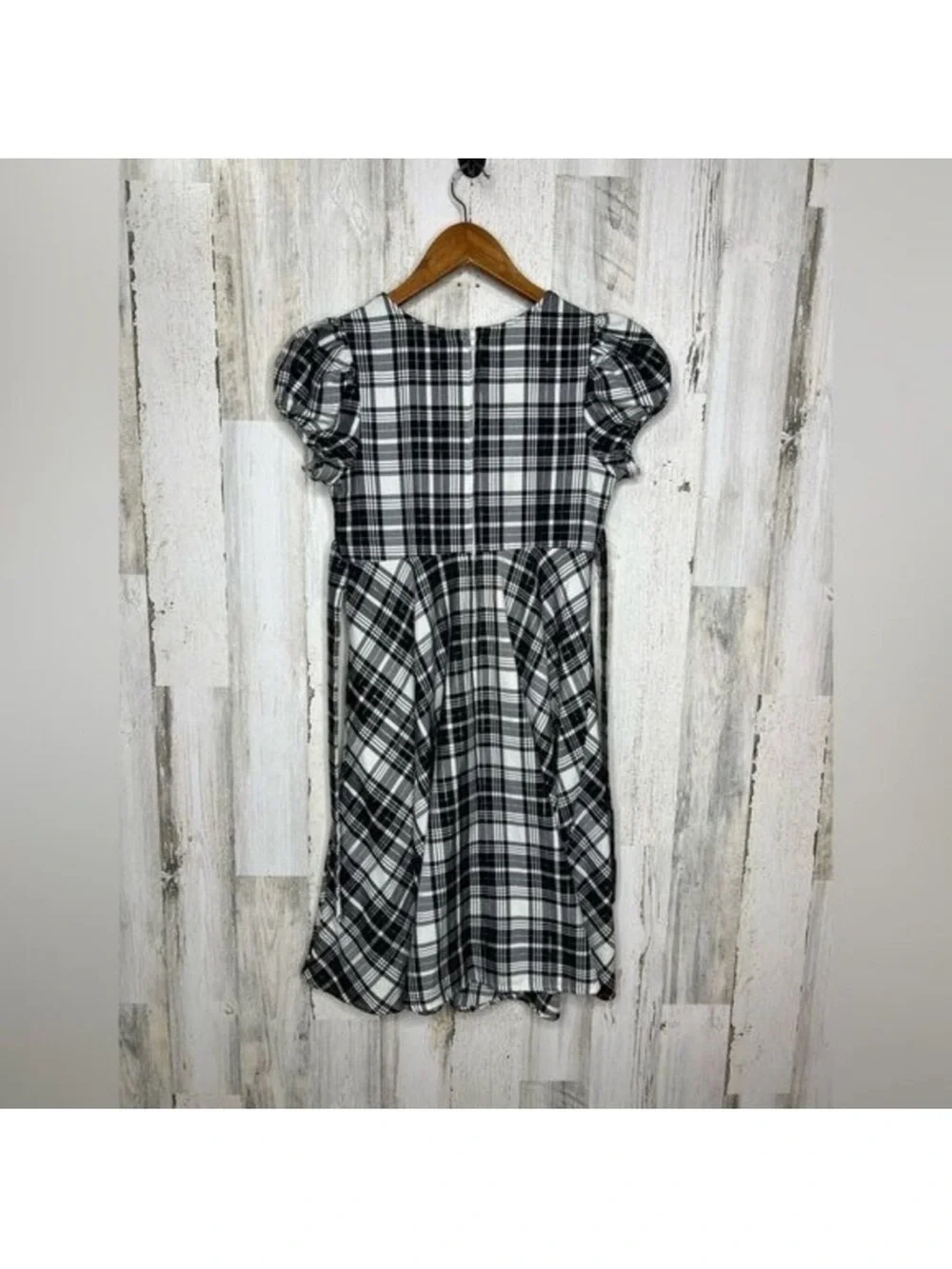 Ashley Ann Black White Plaid Dress Puff Sleeve Bow Rhinestone Fit Flare
